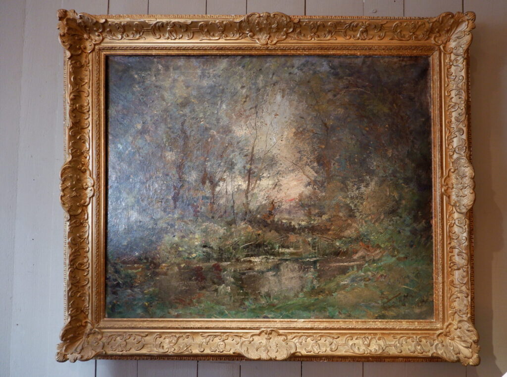 Huile sur toile "Mare dans un clairière au crépuscule" signée Emile Noirot - ca.1897