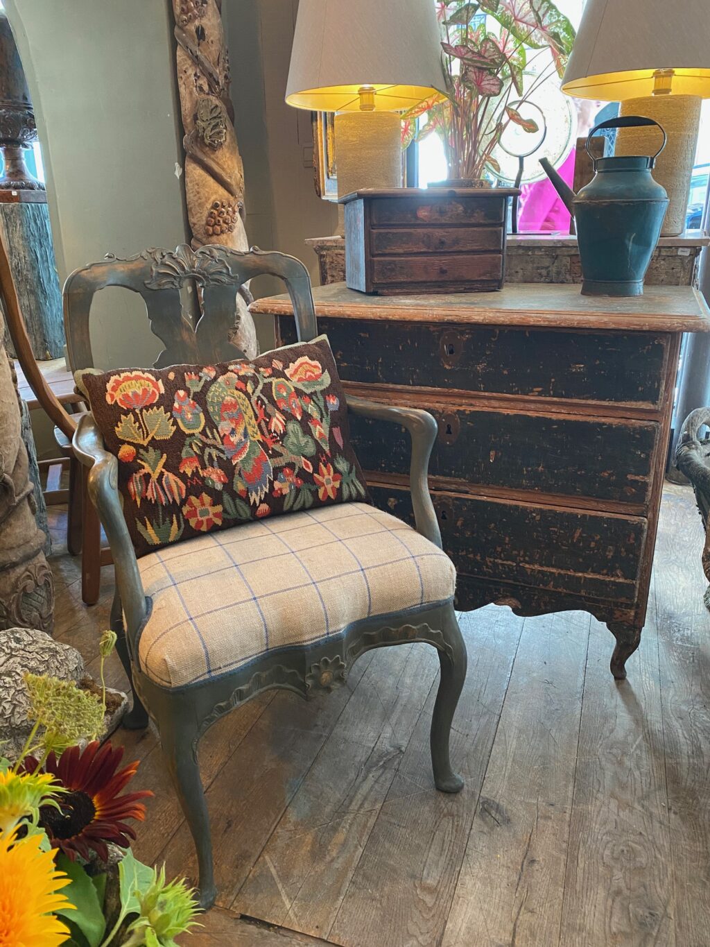 Fauteuil de bureau Rococo suédois - Patine bleue - XIXe – Image 2