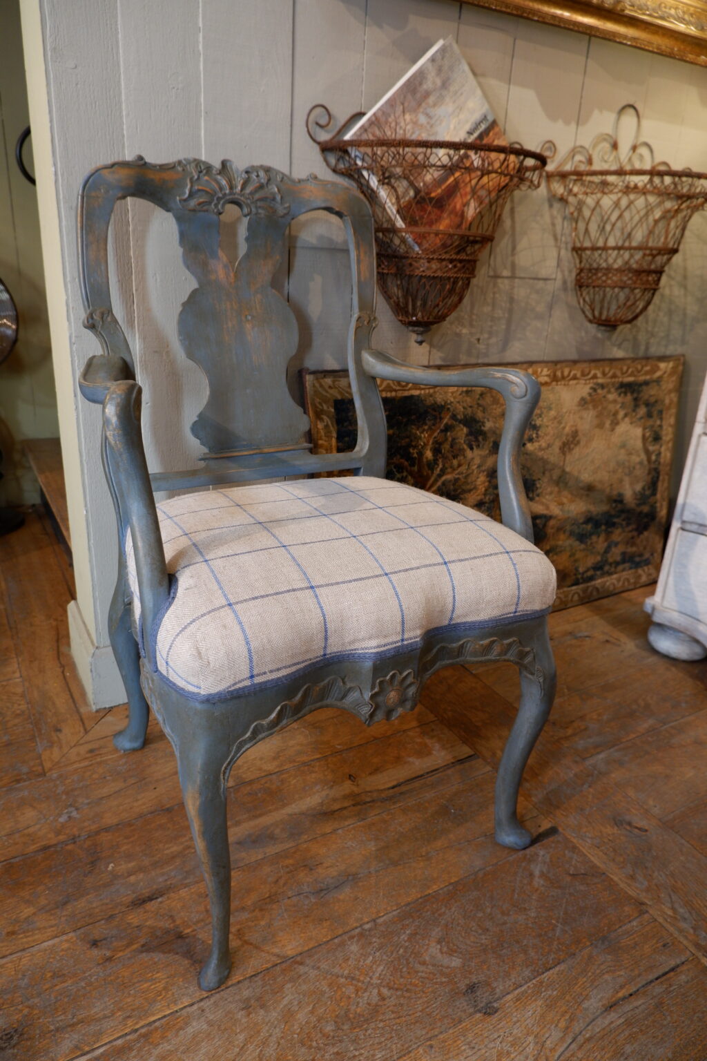 Fauteuil de bureau Rococo suédois - Patine bleue - XIXe