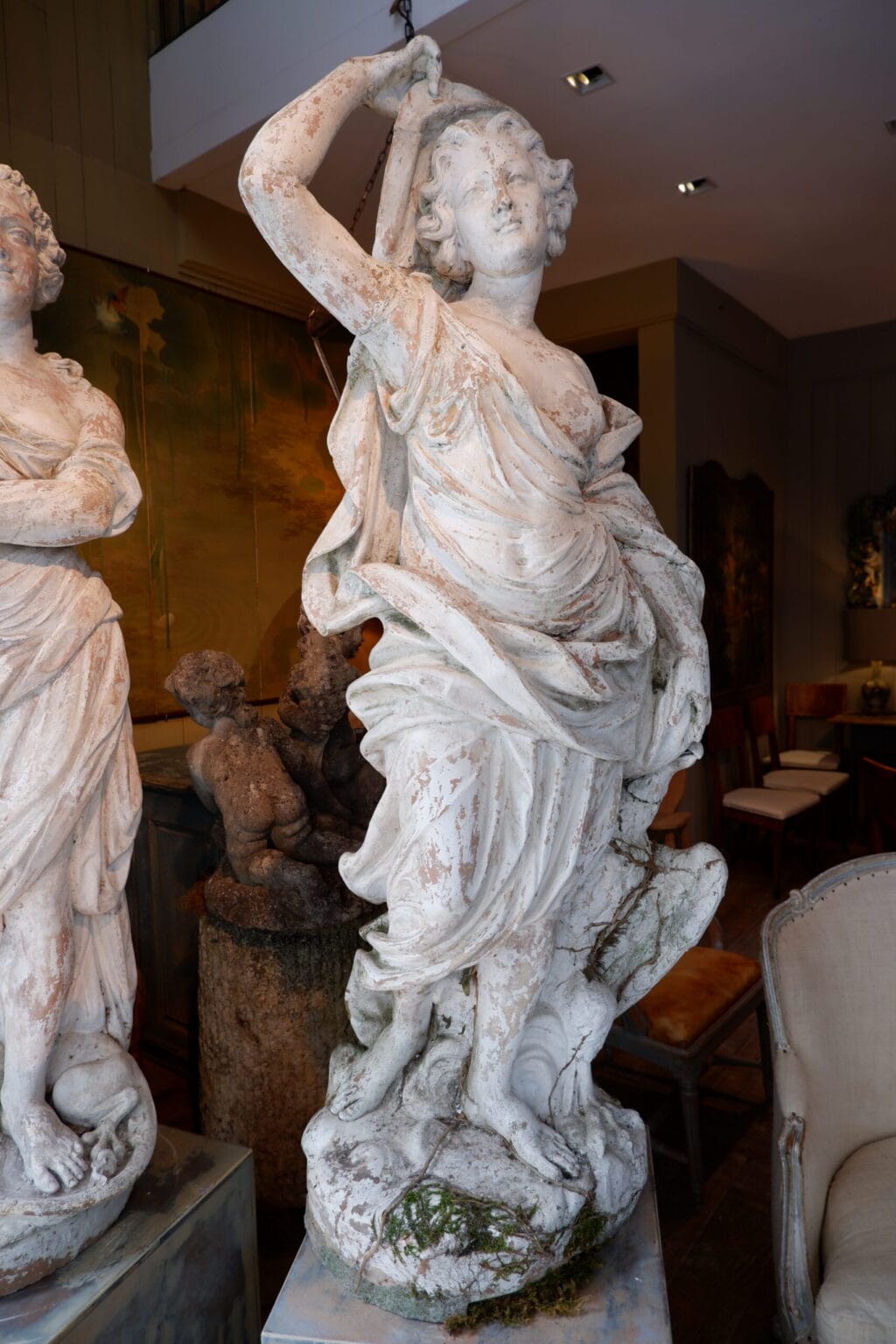Paire de statues "Allégories de l'Air & du Feu" en terre cuite blanche par Gossin Frères ca.1870 – Image 7