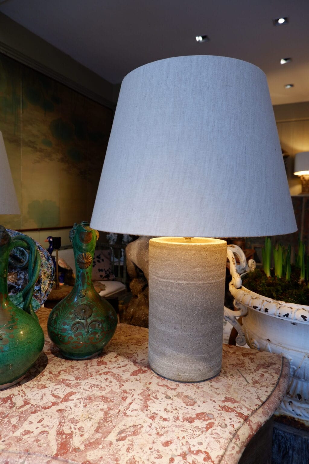 Large pair of stoneware lamps with natural linen shade - Image 3