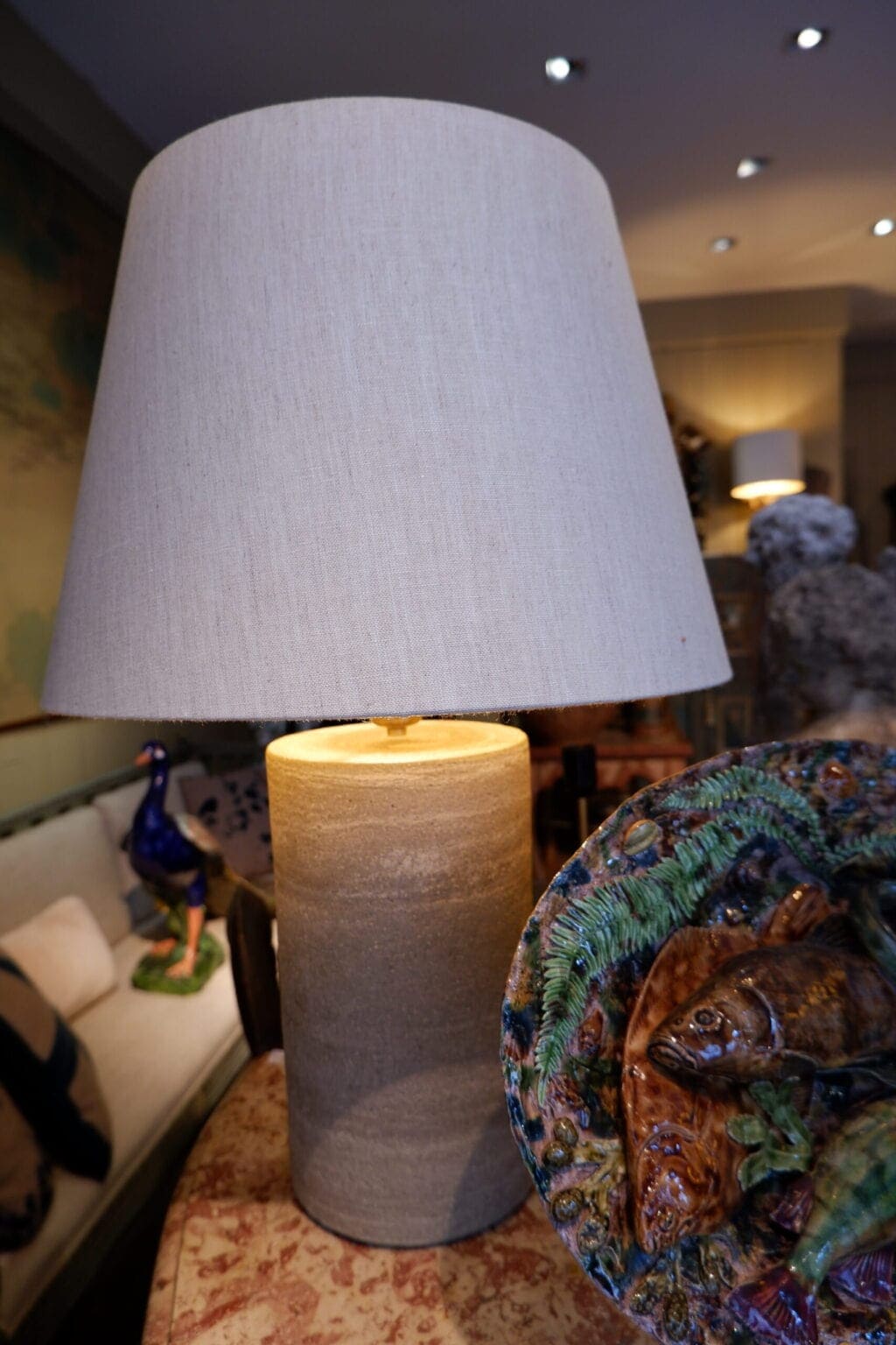 Large pair of stoneware lamps with natural linen shade - Image 4