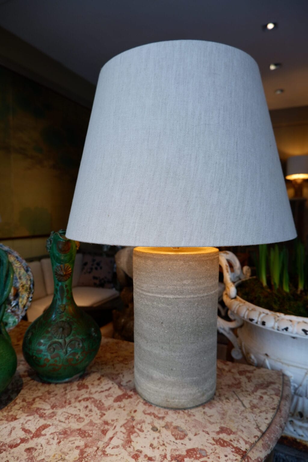 Large pair of stoneware lamps with natural linen shade