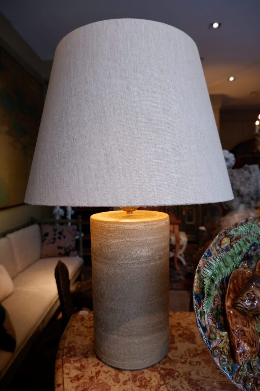Large pair of stoneware lamps with natural linen shade - Image 7