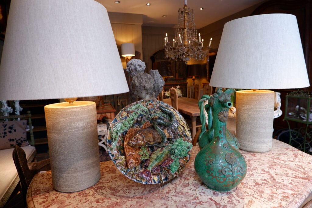 Large pair of stoneware lamps with natural linen shade - Image 2