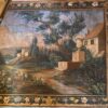Grande toile peinte "Paysage de Provence" et bordure fleurie - montée sur chassis bois- France XVIIIe