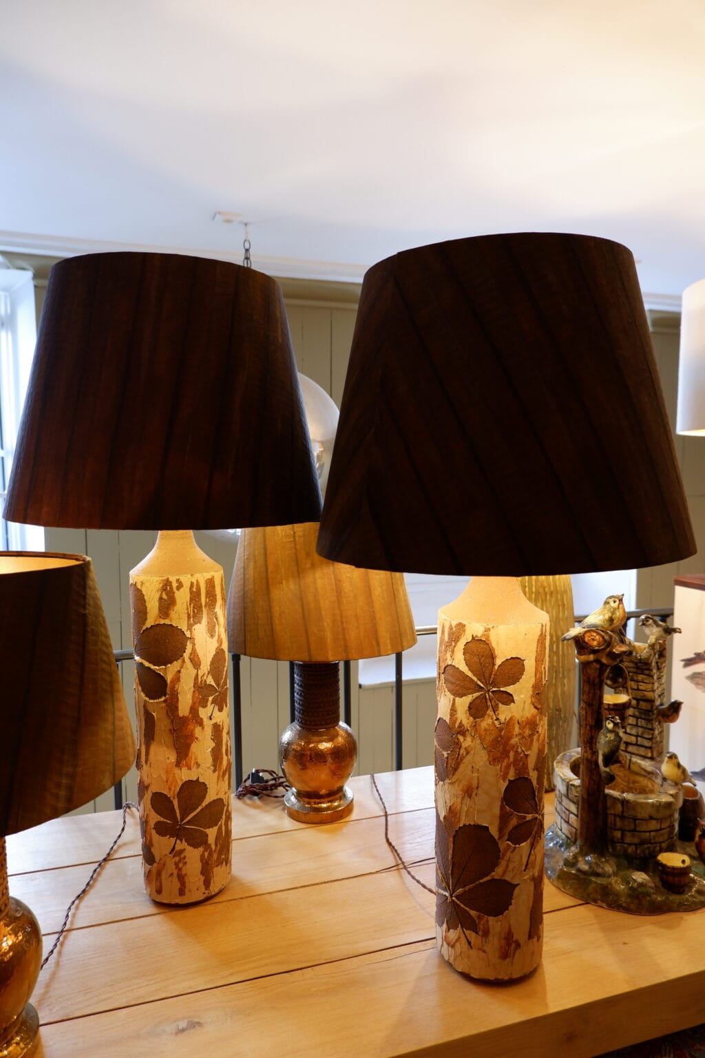 Paire de grandes lampes en grés "feuilles de marroniers" -Danemark ca.1970 + Aj fil de cuivre oxydé