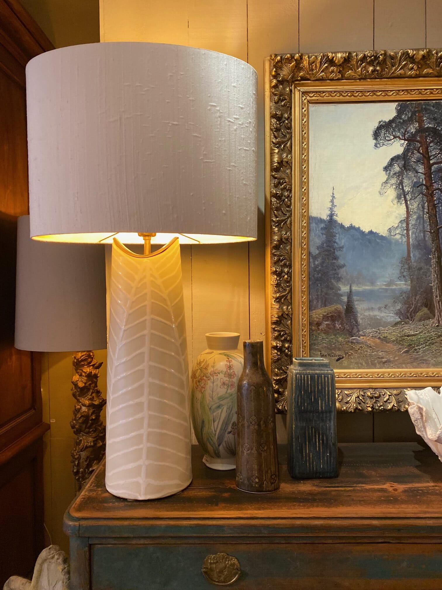 Large Ivory &amp; Cream ceramic lamp by Mari Simmulson - Sweden ca.1960