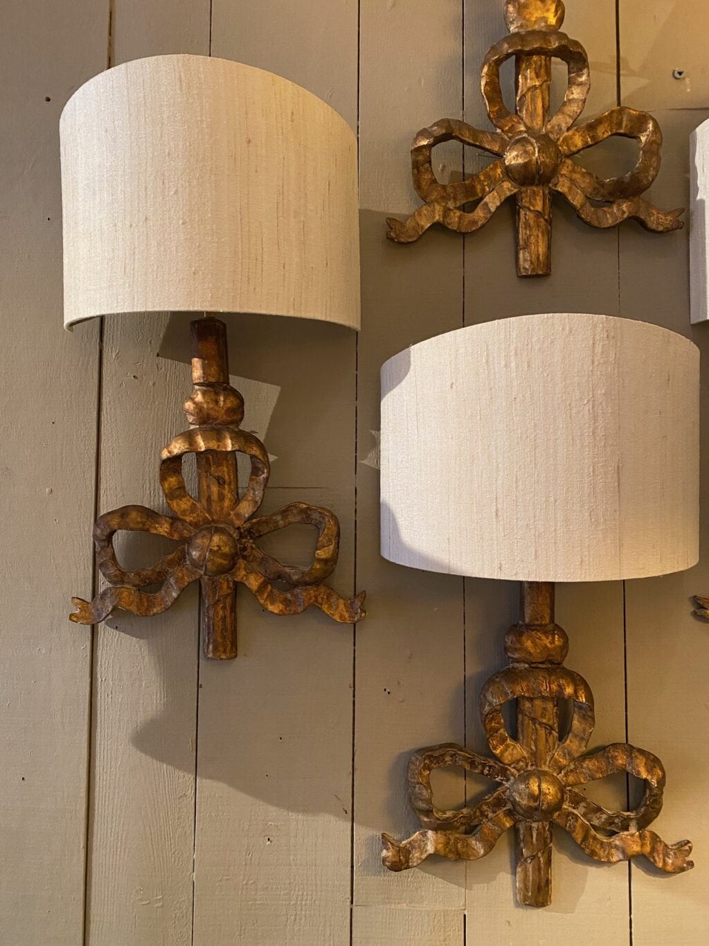 A pair of 18th century wood &amp; carved &amp; gilded &quot;grand noeuds&quot; sconces + A/j ivory silk screens