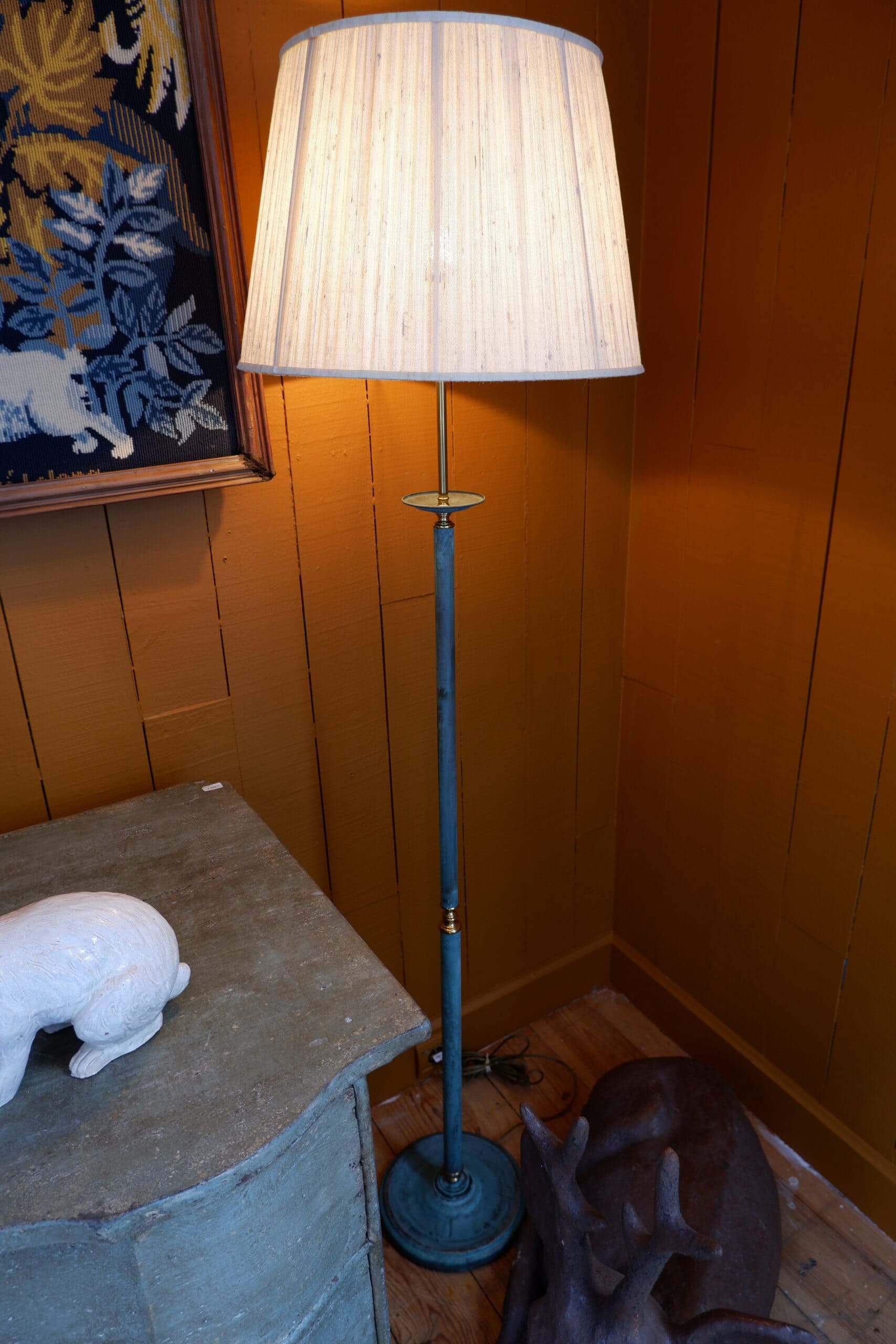 Pair of Swedish floor lamps with grey-green patina + A/J natural wild silk ca.1960