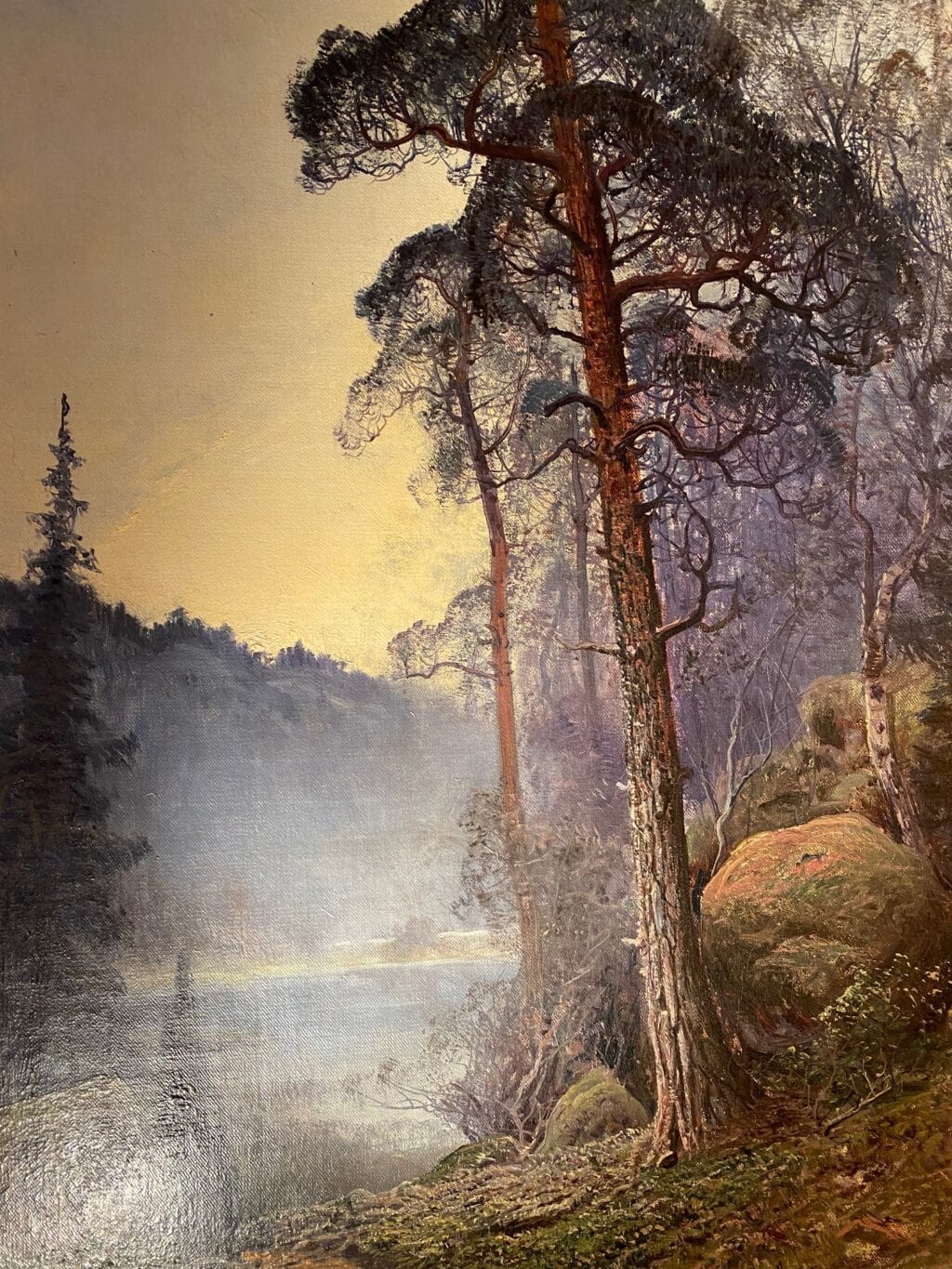 Paysage du nord "lac entouré de forêt dans la brume" huile sur toile par John Kindborg -fin XIXe – Image 3