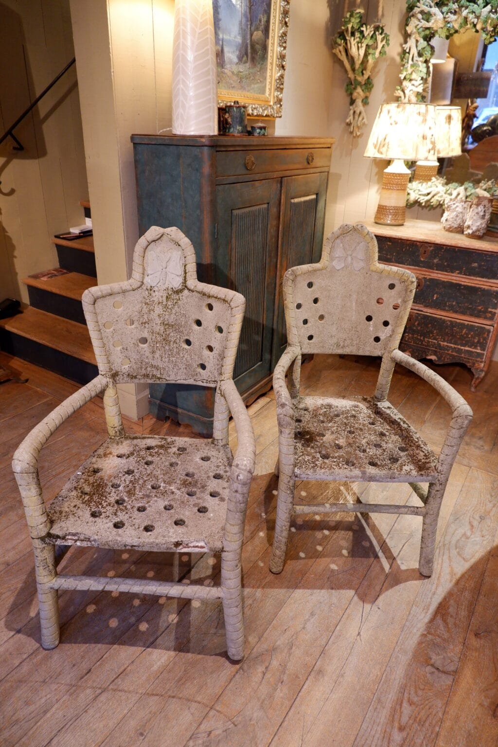 Pair of cement garden armchairs with butterfly backs - Art Nouveau style ca.1900