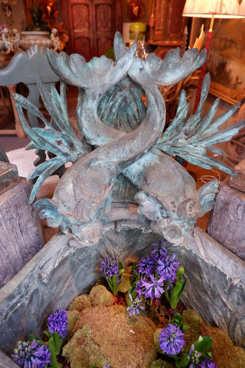 Fountain &quot;aux Dauphins &amp; plantes aquatiques&quot; bronze with verdigris patina - France XIX - Image 6