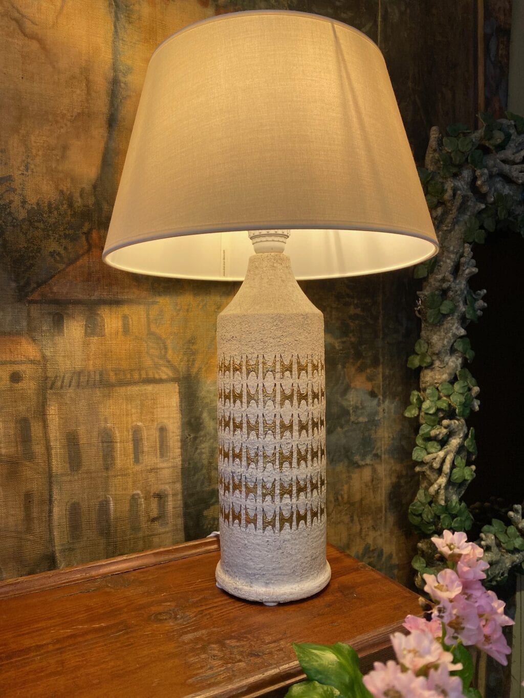 Paire de lampes en grés ivoire décor incisions or par Bitossi pour Bergboms - Suède ca.1960 – Image 3