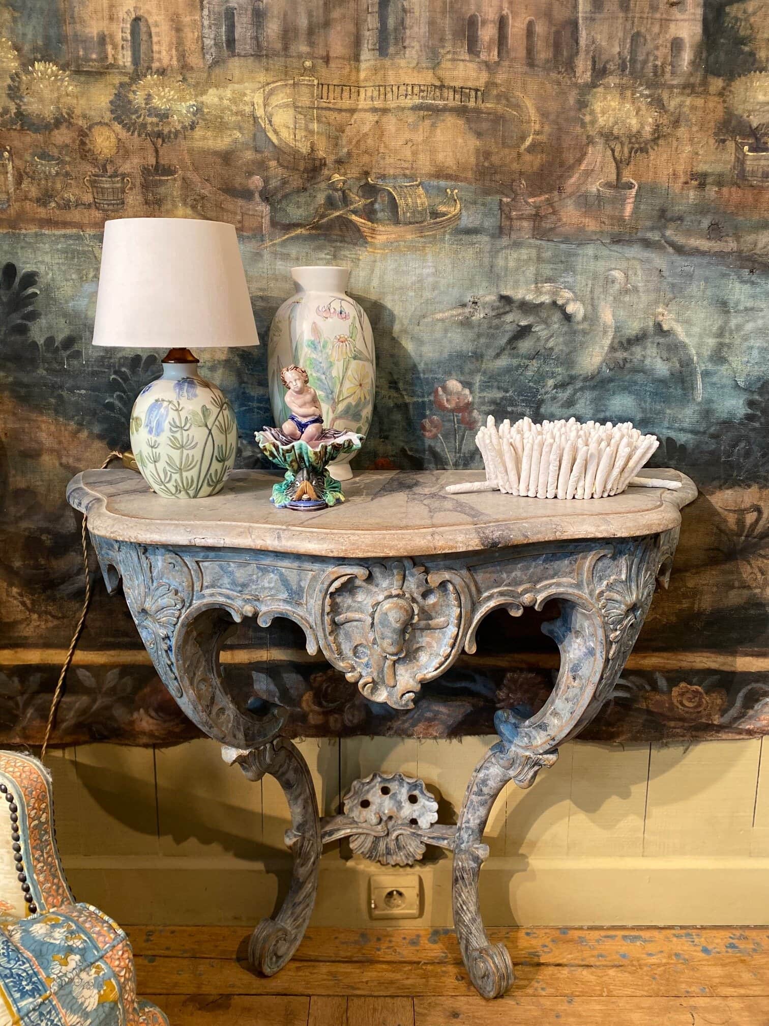 Swedish console in carved &amp; painted wood with pale blue faux marble decor ca.1780