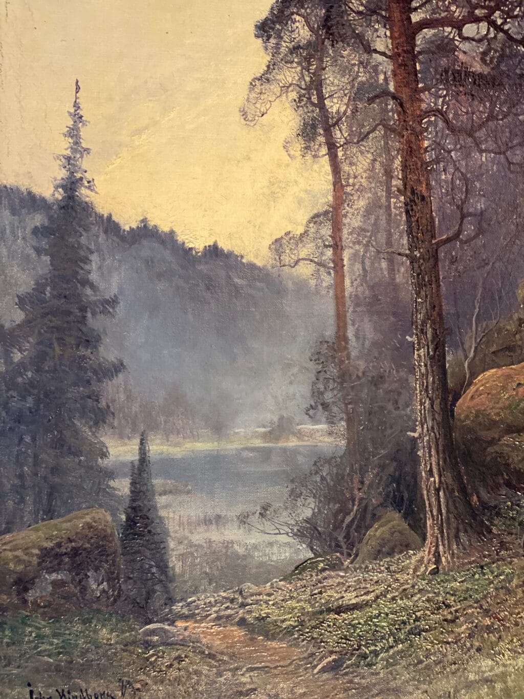 Paysage du nord "lac entouré de forêt dans la brume" huile sur toile par John Kindborg -fin XIXe – Image 8