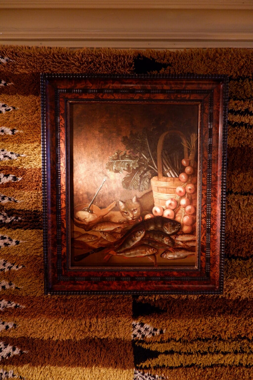 Huile sur bois nature morte au "chat, poissons et panier de légumes" - Italie XIXe