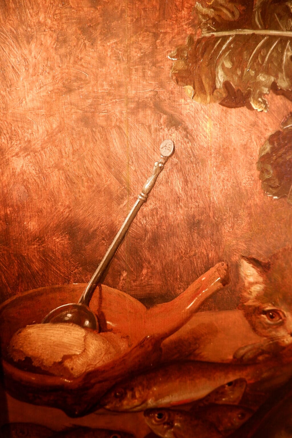 Huile sur bois nature morte au "chat, poissons et panier de légumes" - Italie XIXe – Image 5