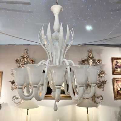 Lustre suspendu en verre blanc de Murano