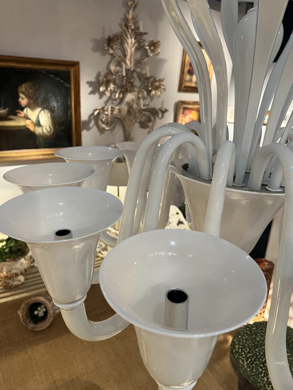 Lustre suspendu en verre blanc de Murano
