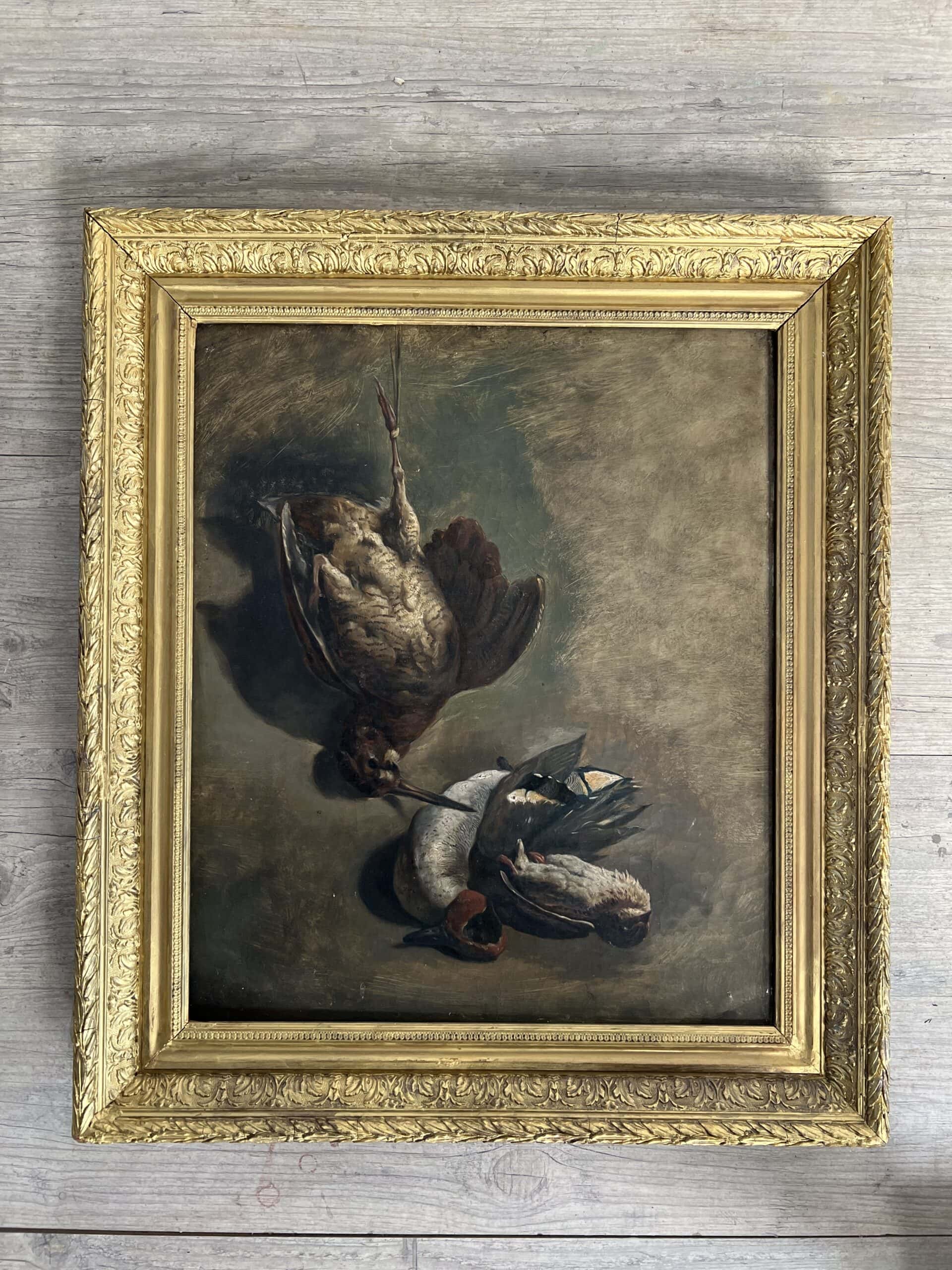 Nature morte Sarcelle d’Hiver, bécasse et grive. Huile sur toile.