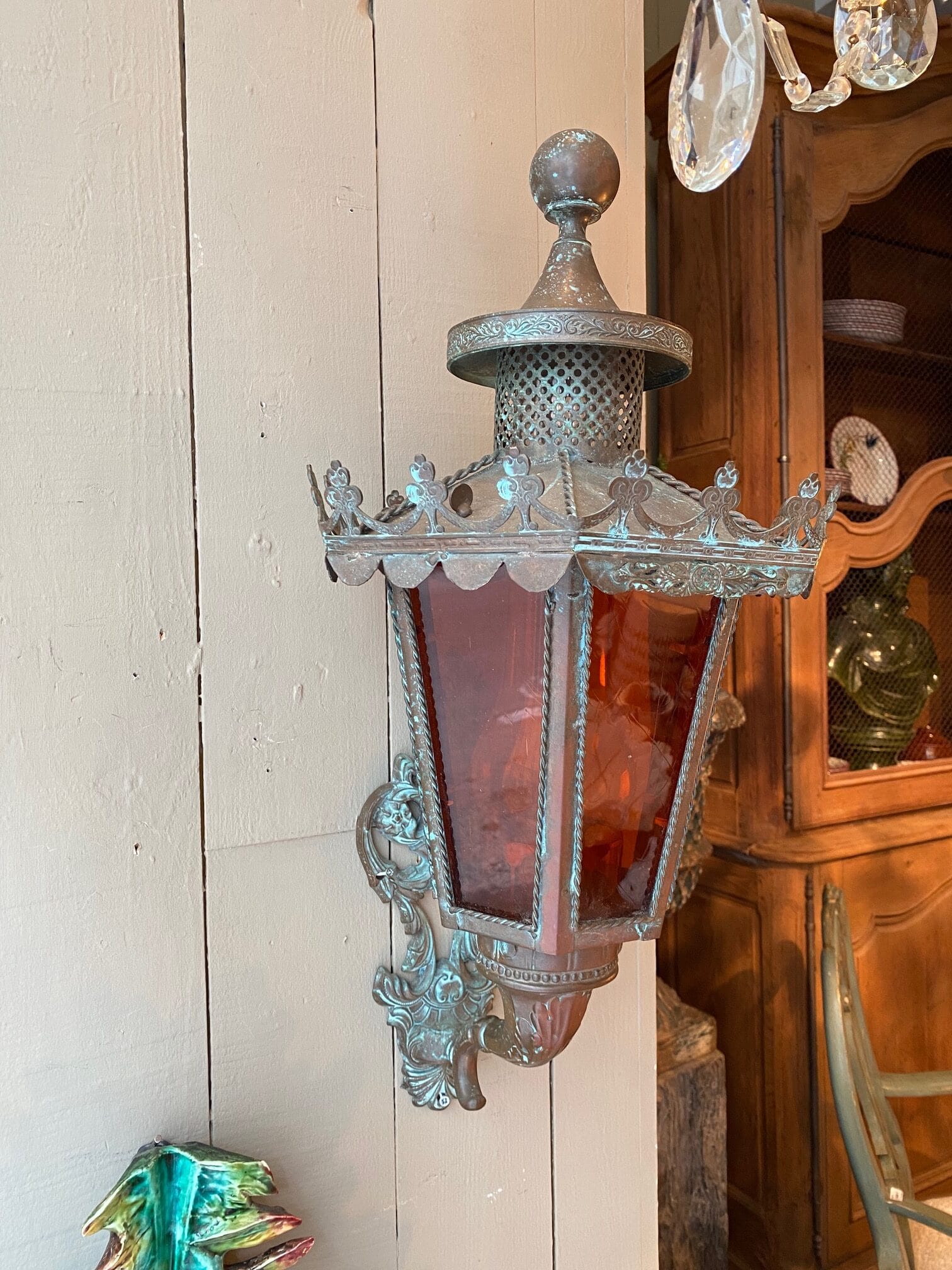 Lanterne suédoise d’extérieur en cuivre & verre coloré ca.1900