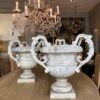 Paire de grands vases à 3 anses en fonte d'aluminium patin blanche ca.1880