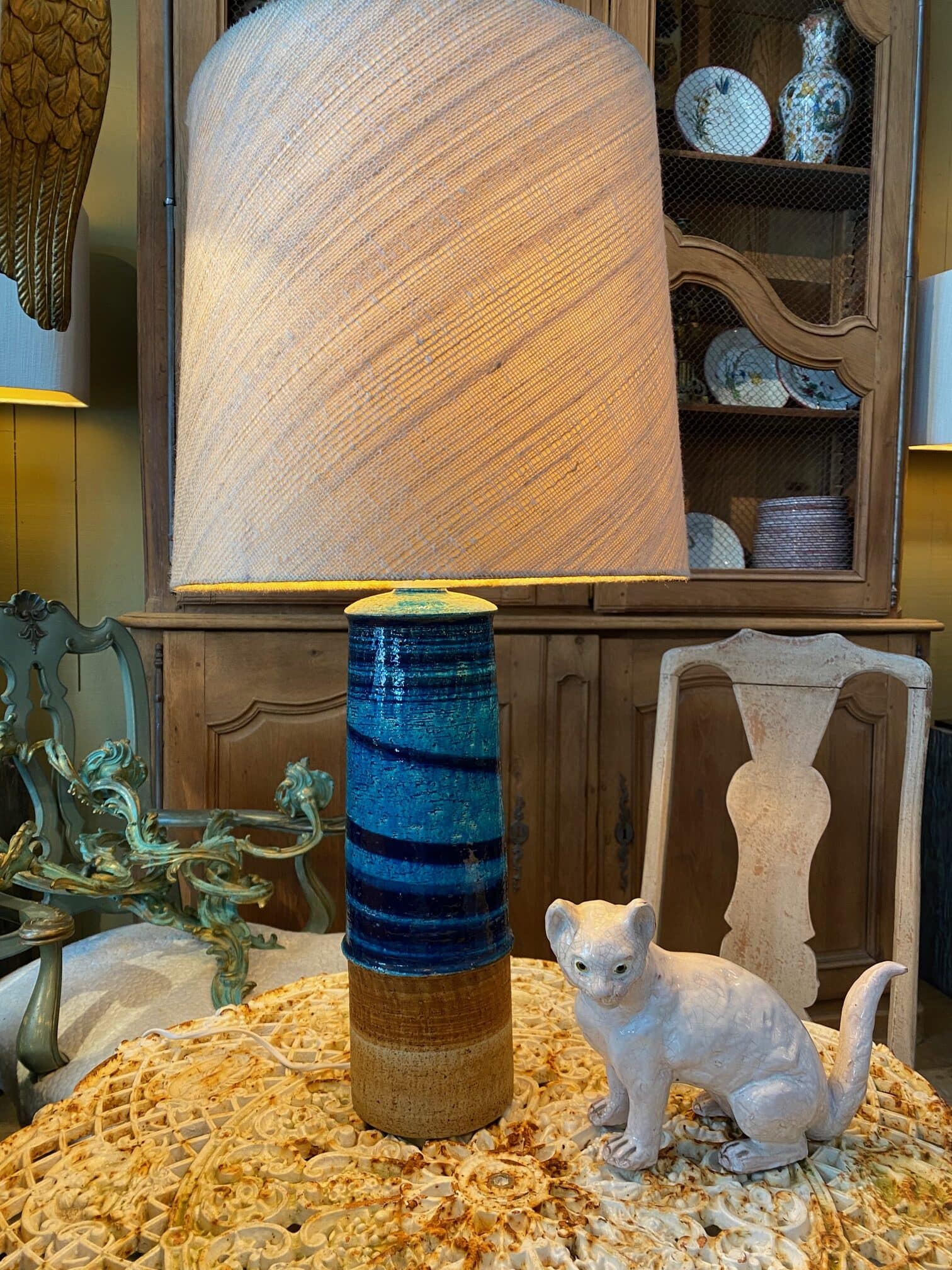 Grande lampe en grés émail bleu & ocre par Inger Persson pour Rörstrand ca.1960