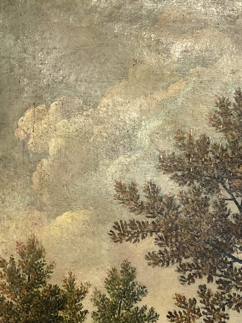 Paire de tableaux italiens anciens représentant des paysages ruraux animés et chasseurs, encadrés en bois de chêne
