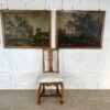 Paire de tableaux italiens anciens représentant des paysages ruraux animés et chasseurs, encadrés en bois de chêne
