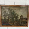 Paire de tableaux italiens anciens représentant des paysages ruraux animés et chasseurs, encadrés en bois de chêne