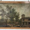 Paire de tableaux italiens anciens représentant des paysages ruraux animés et chasseurs, encadrés en bois de chêne