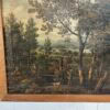 Paire de tableaux italiens anciens représentant des paysages ruraux animés et chasseurs, encadrés en bois de chêne