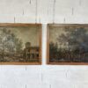 Paire de tableaux italiens anciens représentant des paysages ruraux animés et chasseurs, encadrés en bois de chêne