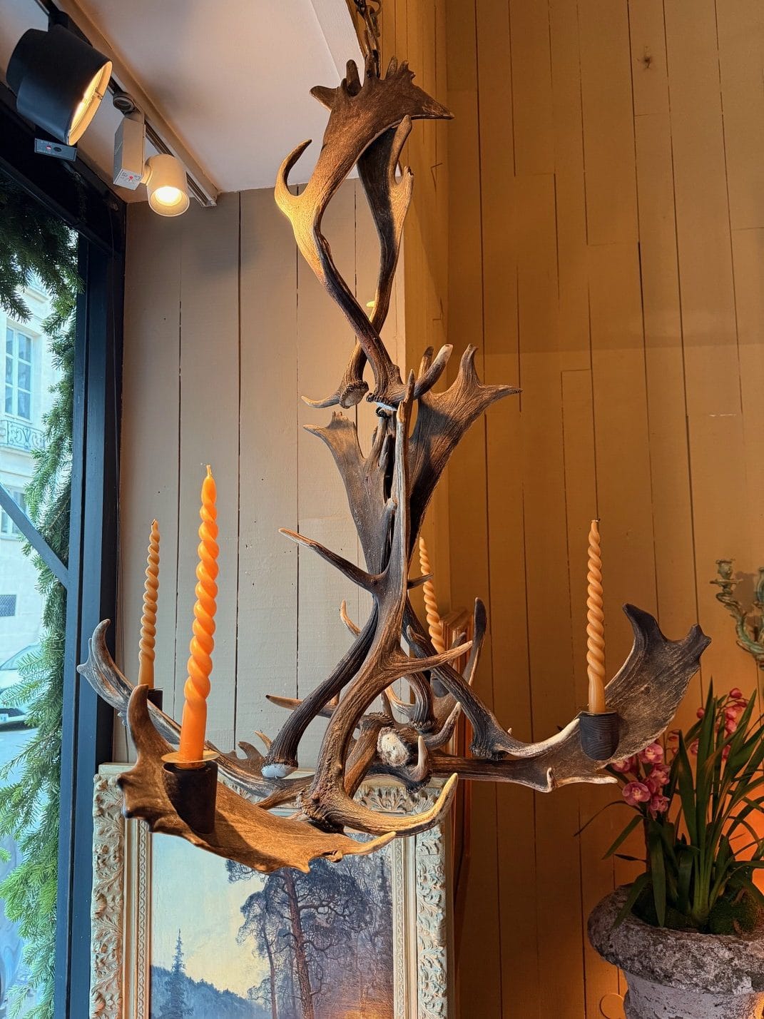 Grand lustre bois de cerfs 4 feux ca.1900