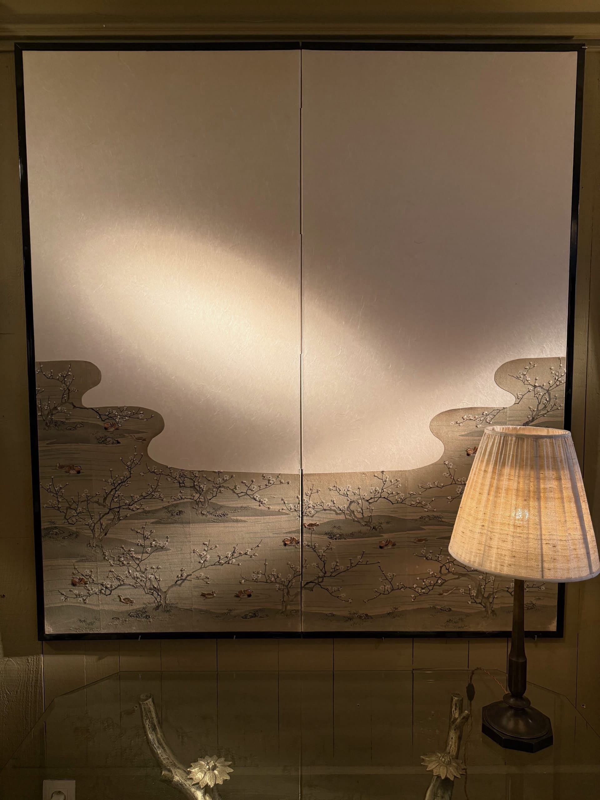 Paravent Japonais à deux feuilles -Papier washi & canard mandarins brodés sur soie – ca.1900