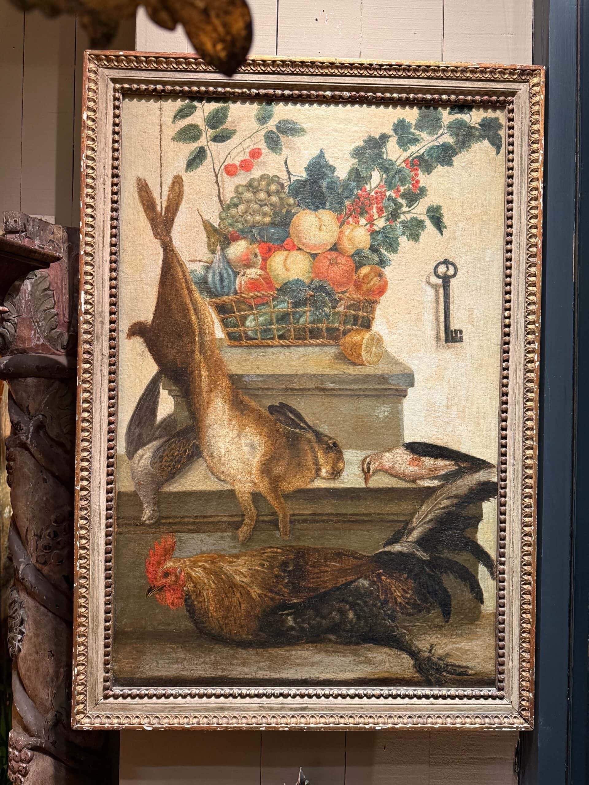 Huile sur toile nature morte à la corbeille de fruits et au gibier – École française XVIIIe, vers 1750
