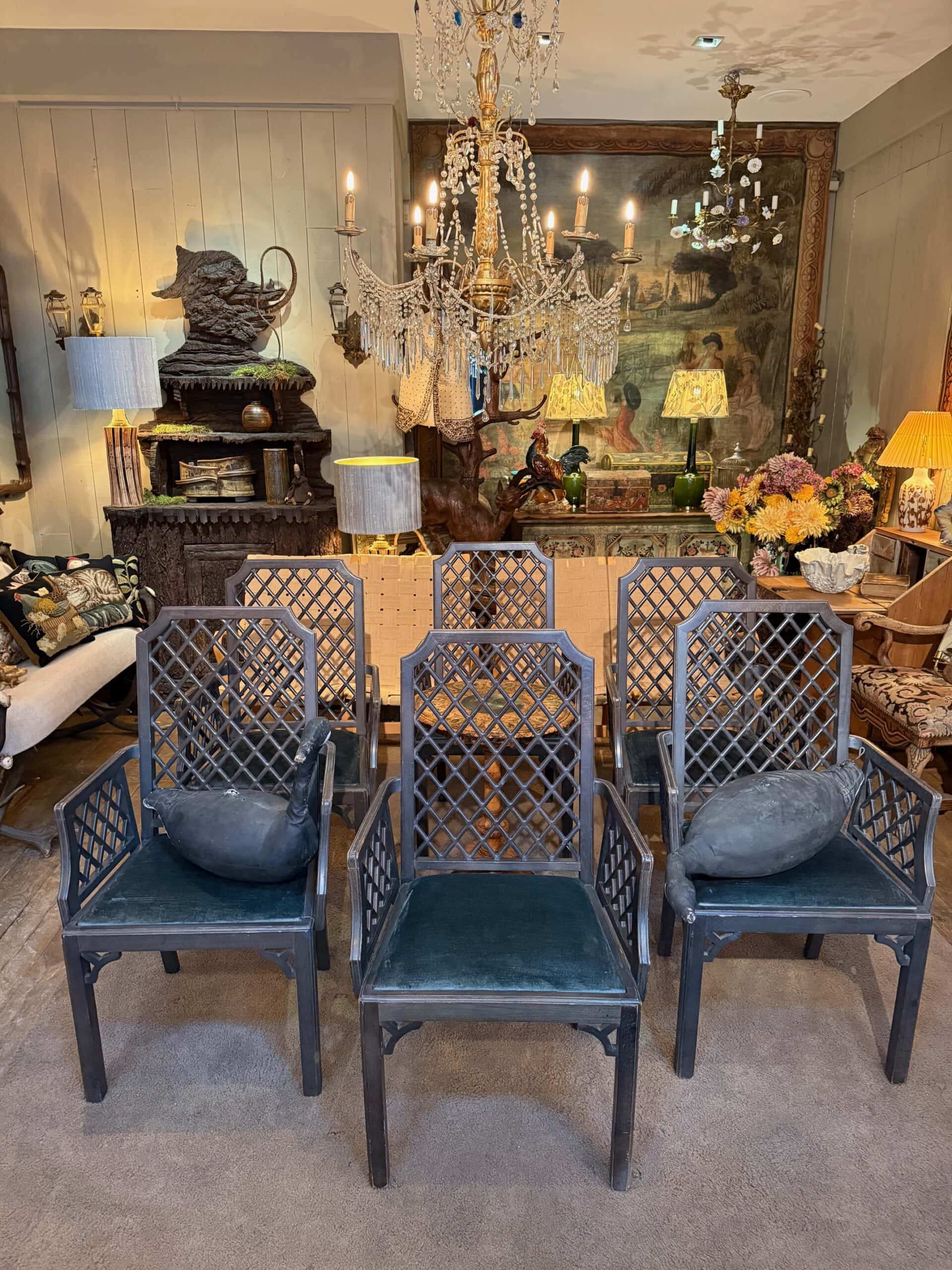 Suite de 6 chaises Treillages vert & velours - par Miranda - Suède ca.1970 – Image 7