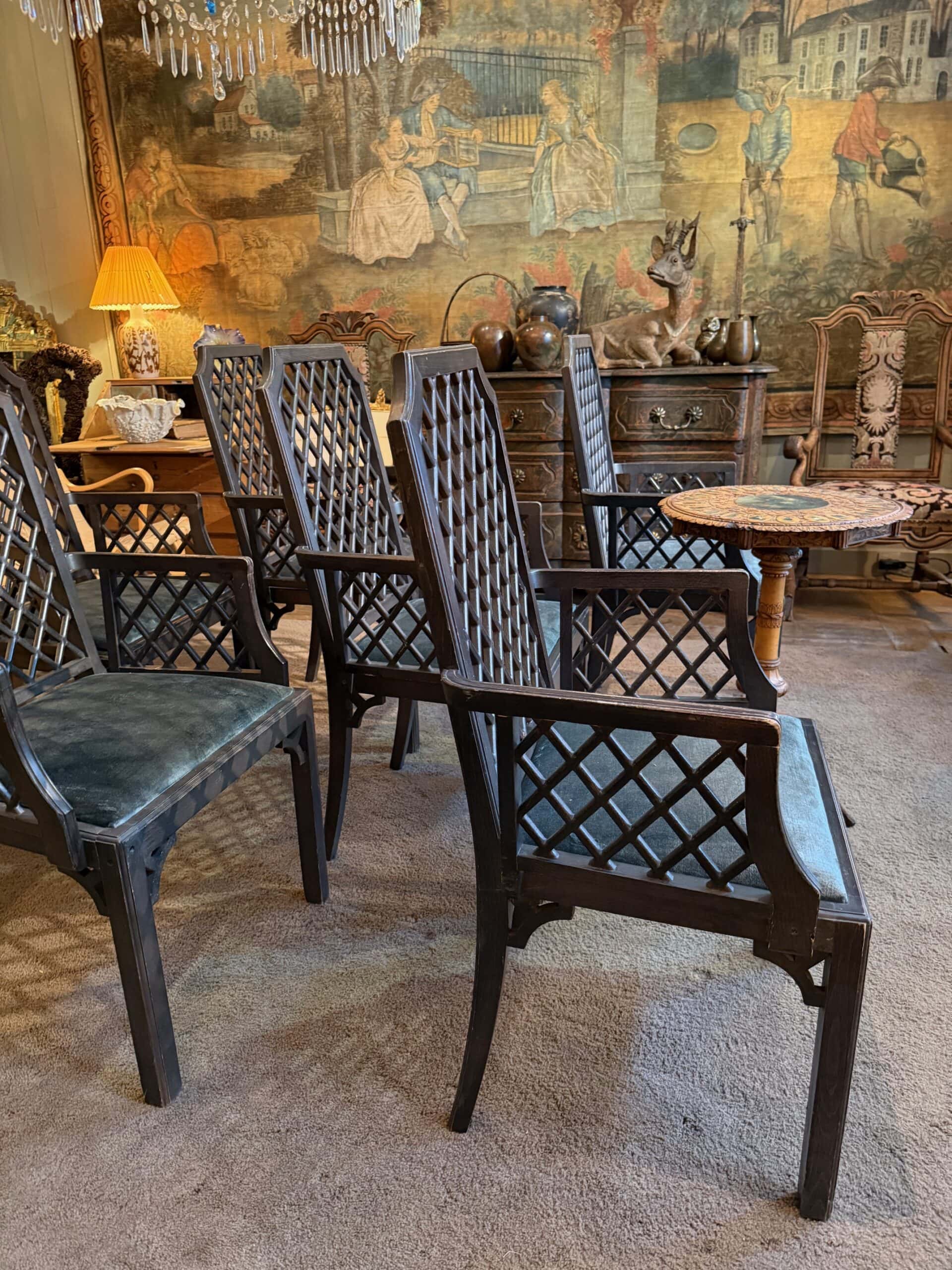 Suite de 6 chaises Treillages vert & velours - par Miranda - Suède ca.1970 – Image 3