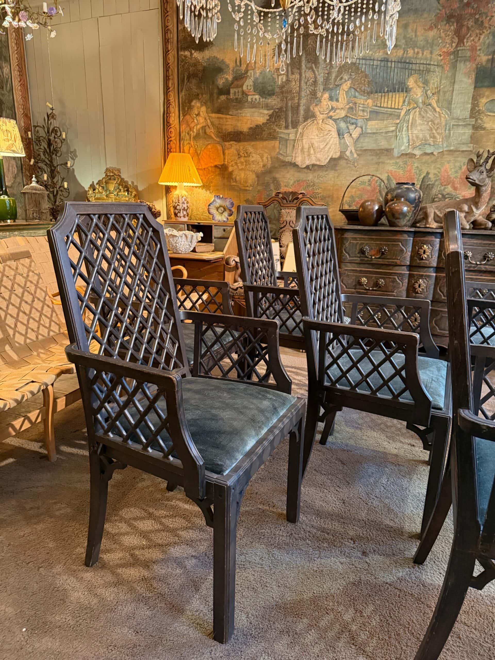 Suite de 6 chaises Treillages vert & velours - par Miranda - Suède ca.1970 – Image 4