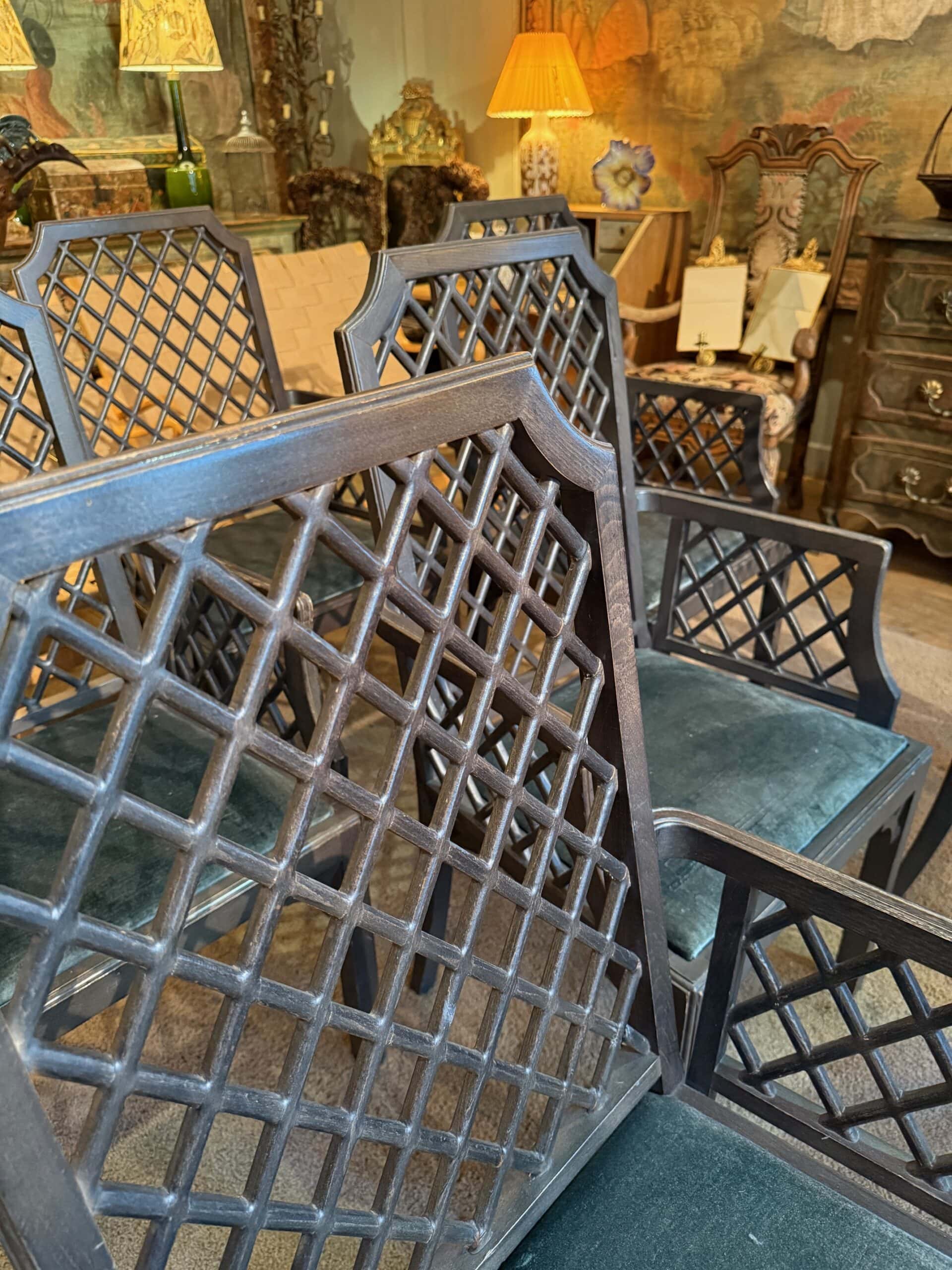 Suite de 6 chaises Treillages vert & velours - par Miranda - Suède ca.1970 – Image 5