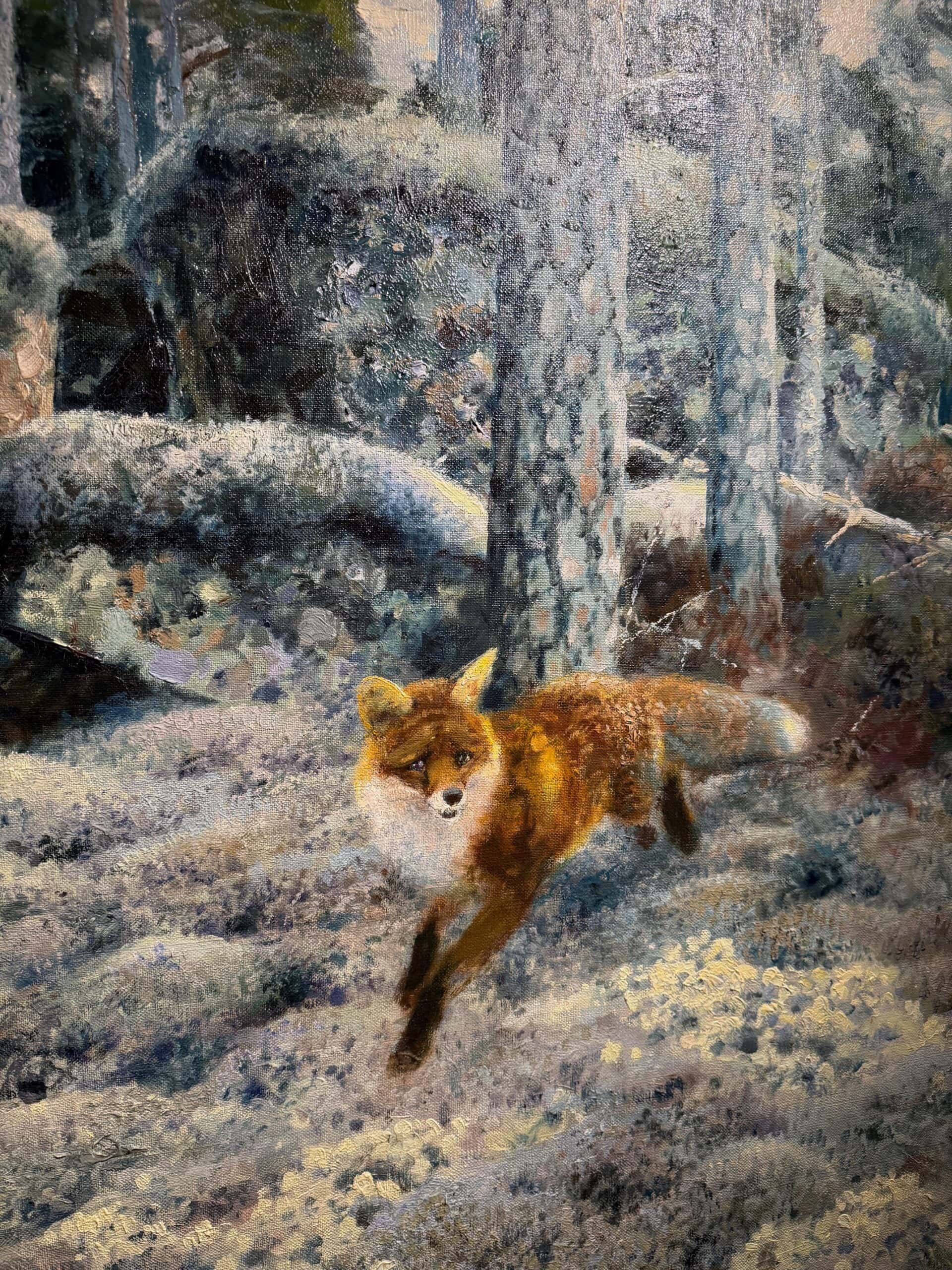 Huile sur toile “Renard dans la forêt” par THURE WALLNER ca.1933