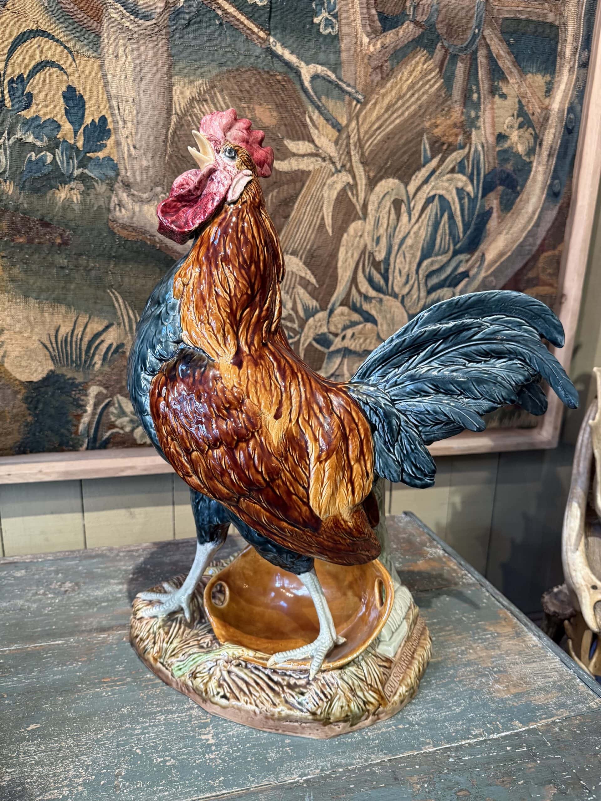 Grand coq Français en faïence de Choisy Le Roi signé par Louis Carrier Belleuse