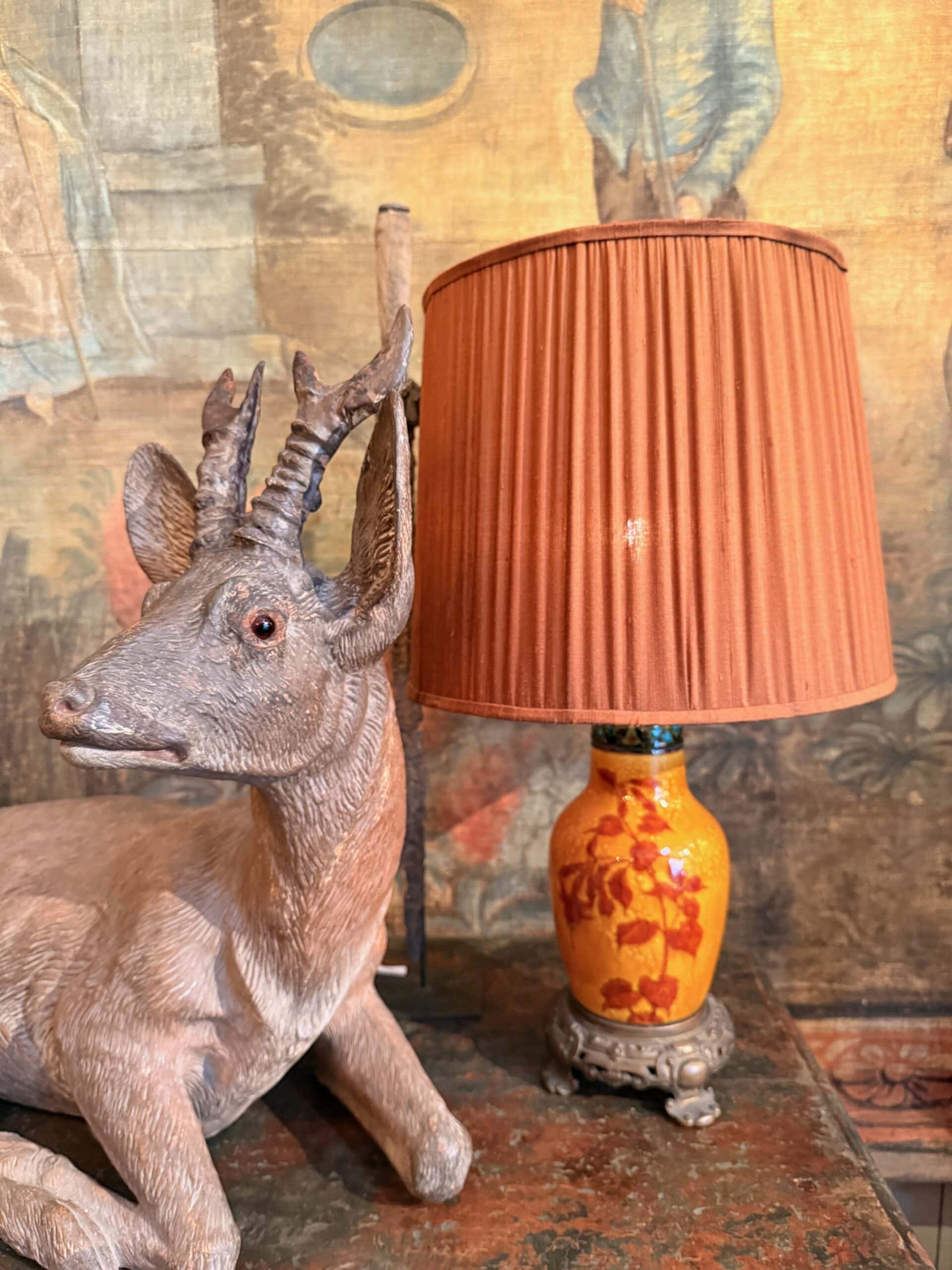 Paire de lampes vases en céramique par Clément Massier + A/J doupion de soie froncée.