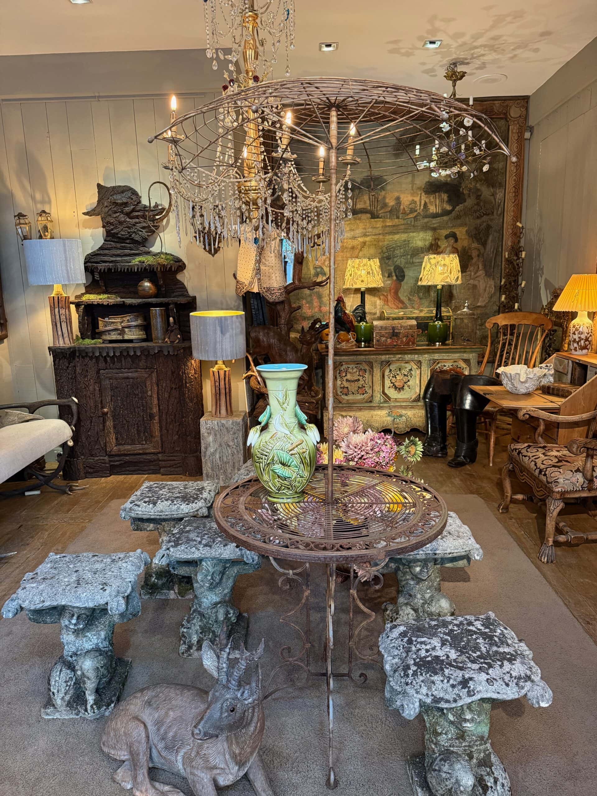 Guéridon en fer & son parasol en fil de fer – France ca.1920