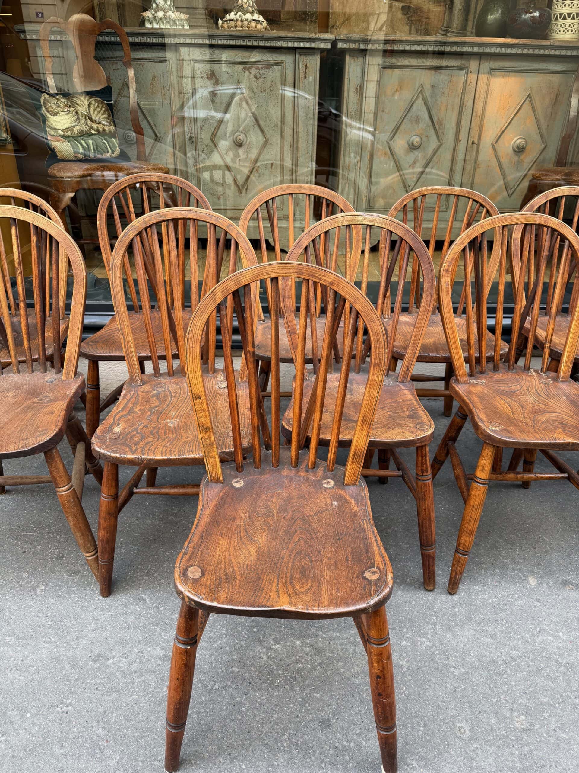 Suite de 13 chaises Windsor en orme massif ciré – Angleterre ca.1900