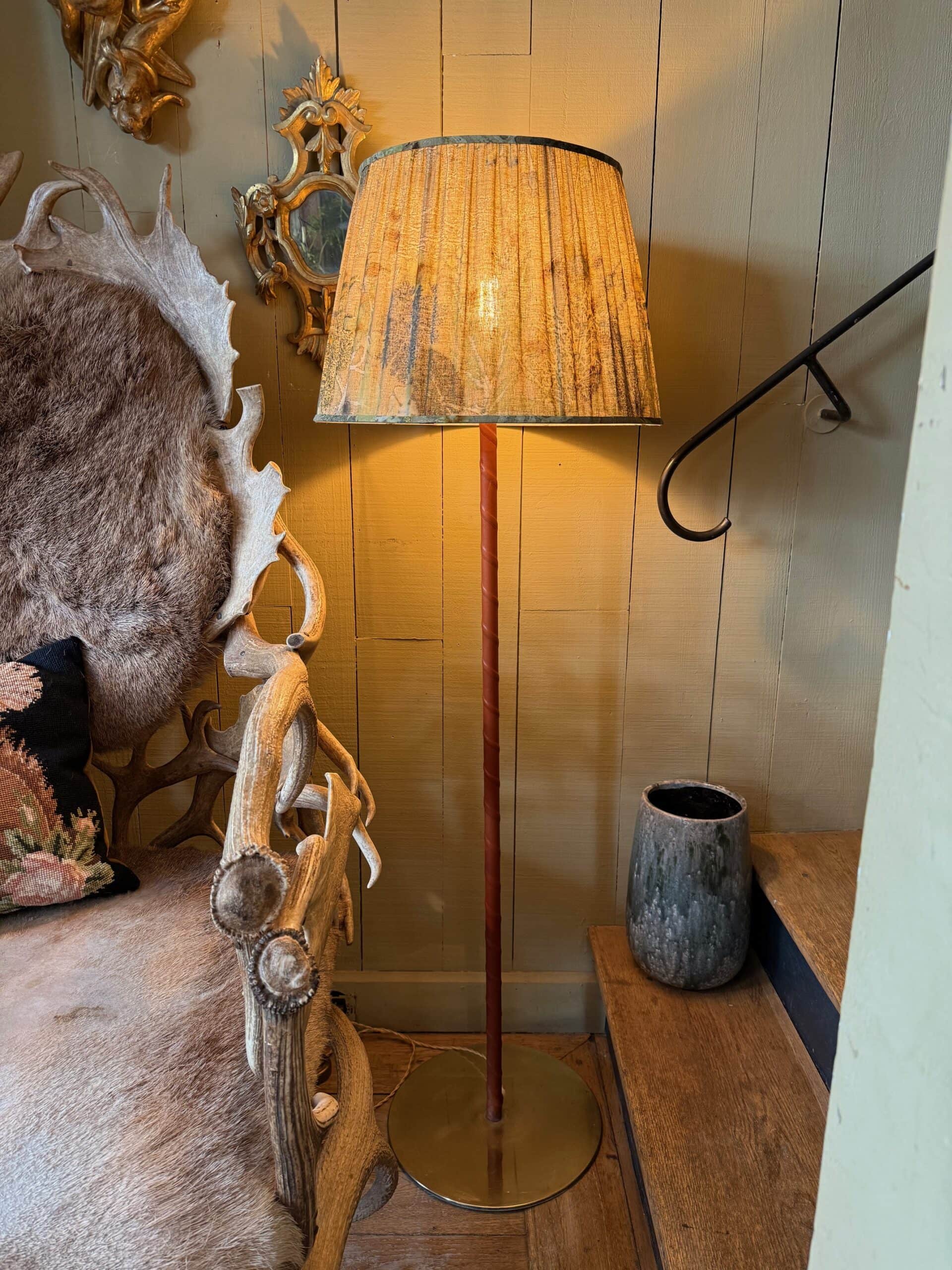 One pair of brass & leather floorlamps + botanical pleated shades  – Sweden ca.1960