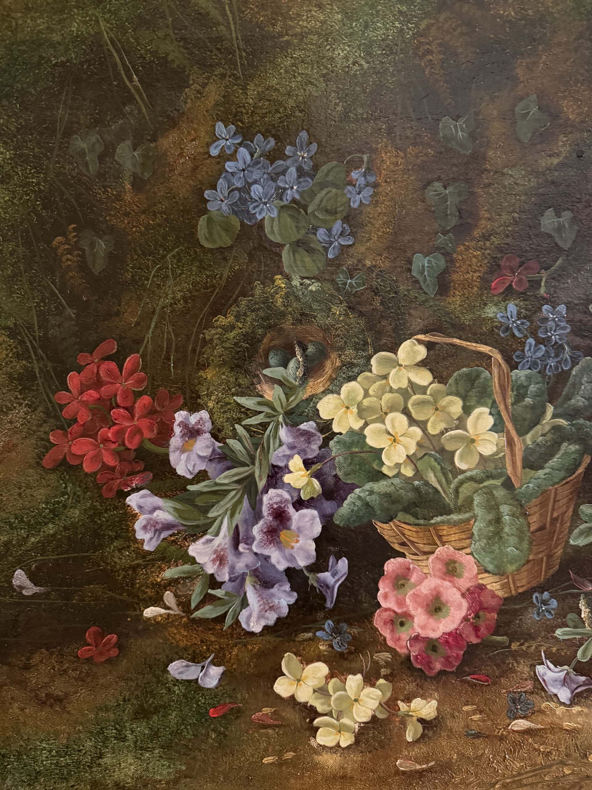Huile sur toile, nature morte fleurs de printemps en sous-bois – datée 1879