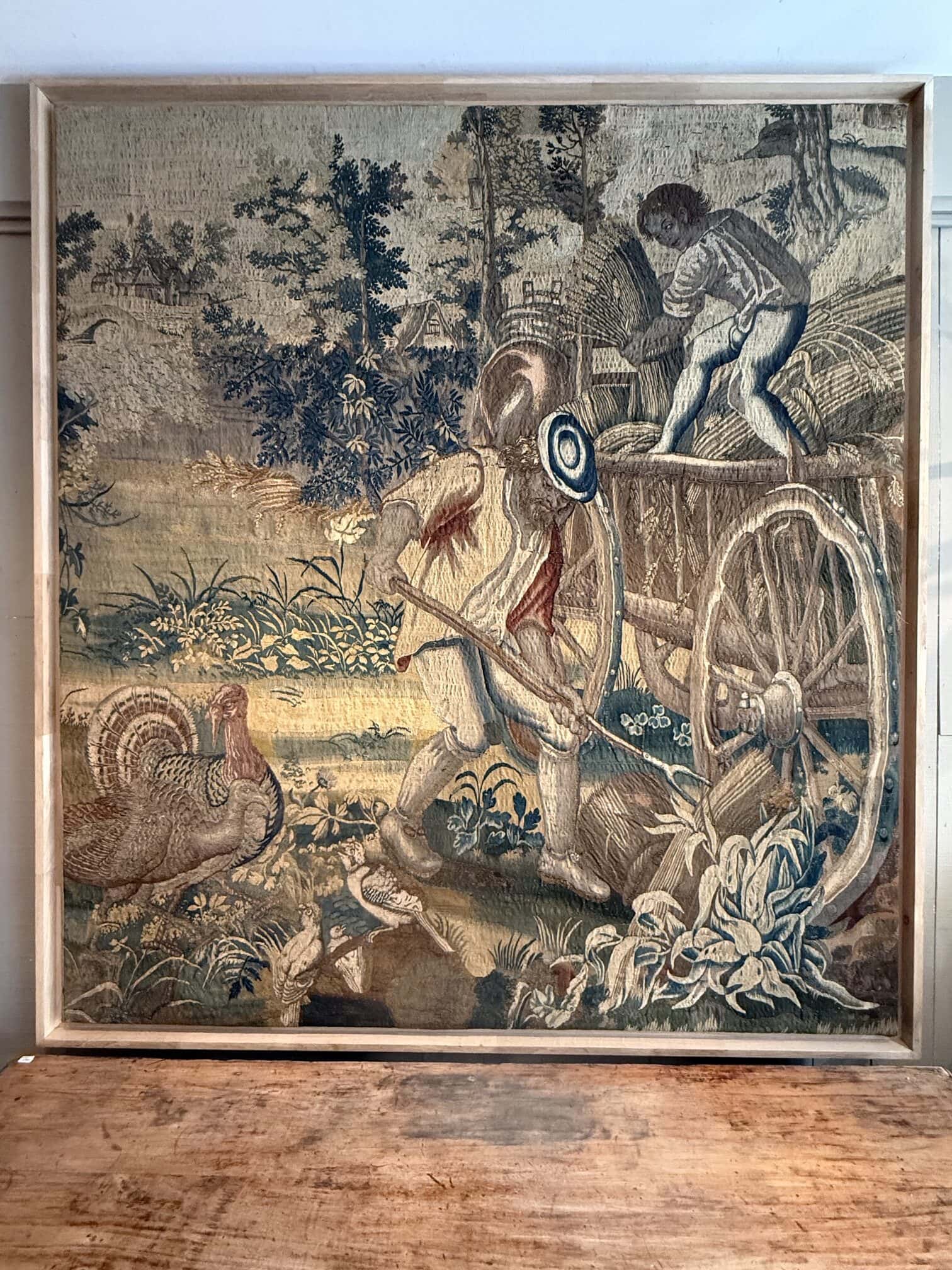Grande tapisserie flamande "La moisson" tendue sur châssis et cadre caisse américaine - d'époque XVIIIe – Image 2
