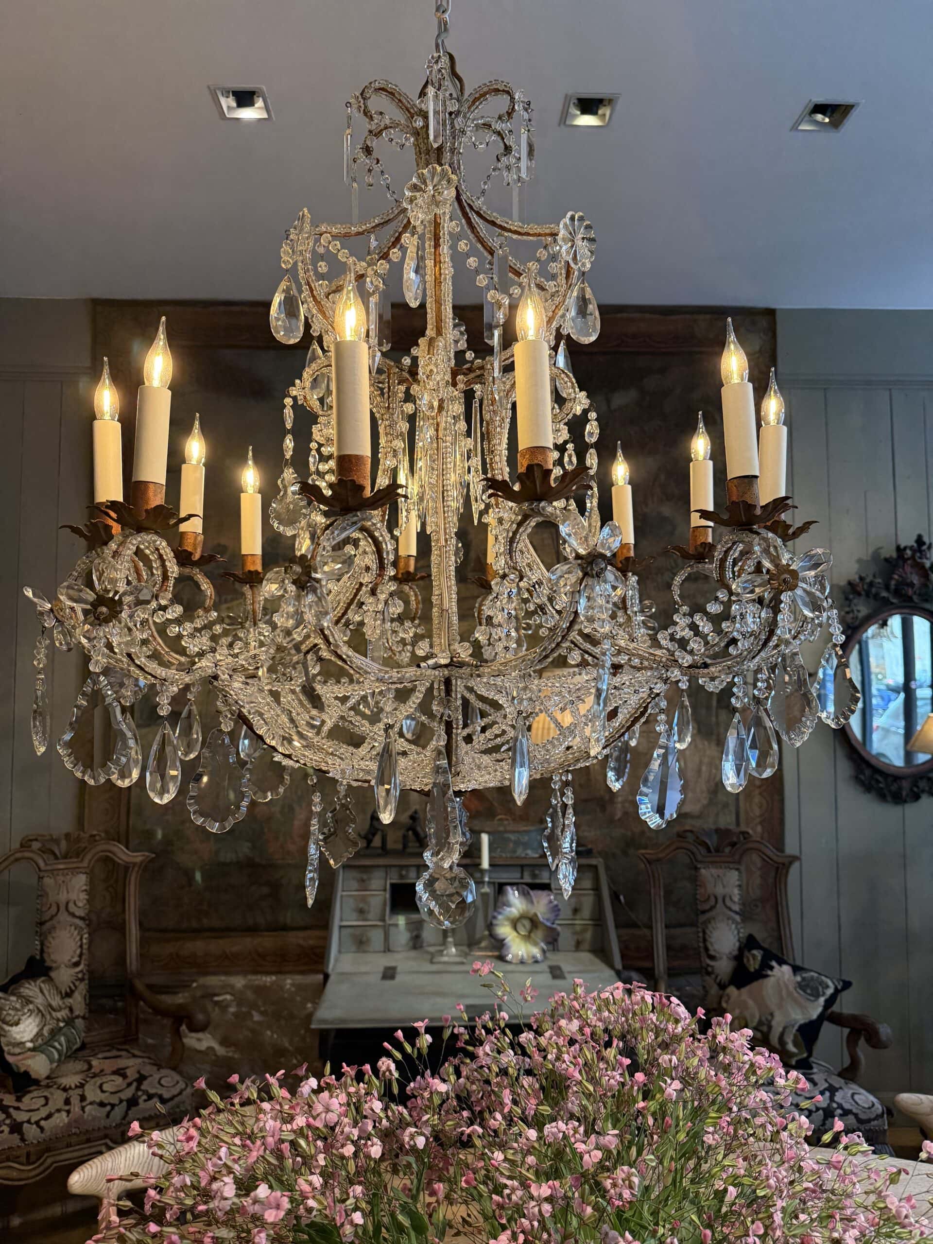 Grand lustre italien perles de verre et cristaux taillés – XIXe